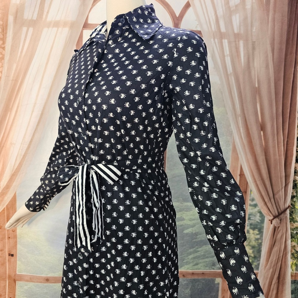 Vintage 1970s Shirt Dress Richard Frontman Navy Blue Heraldic Lion Print Belted - Picture 2 of 13